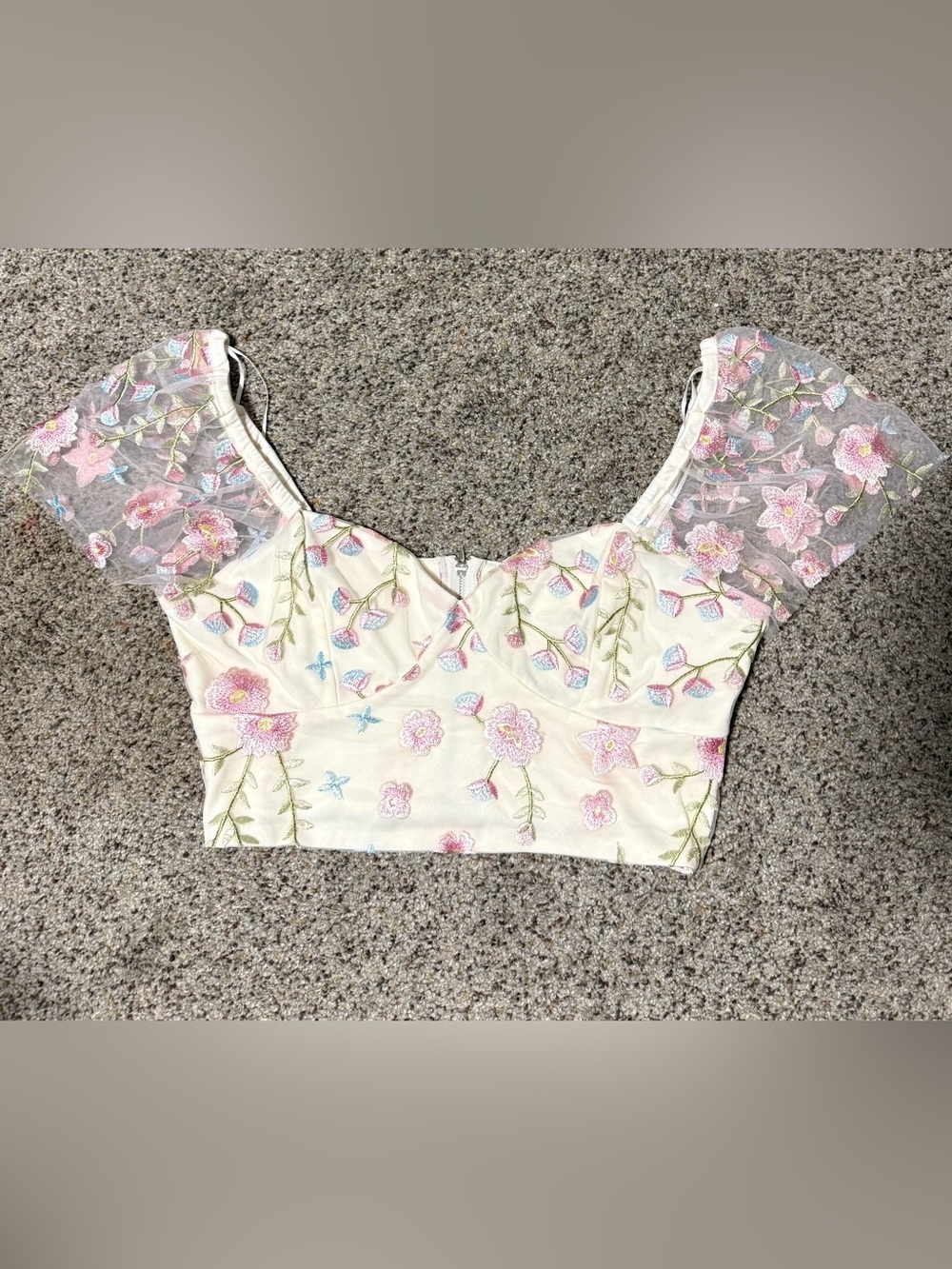 Altar'd State Cream Floral Embroidered Crop Top with Pink and Blue Accents